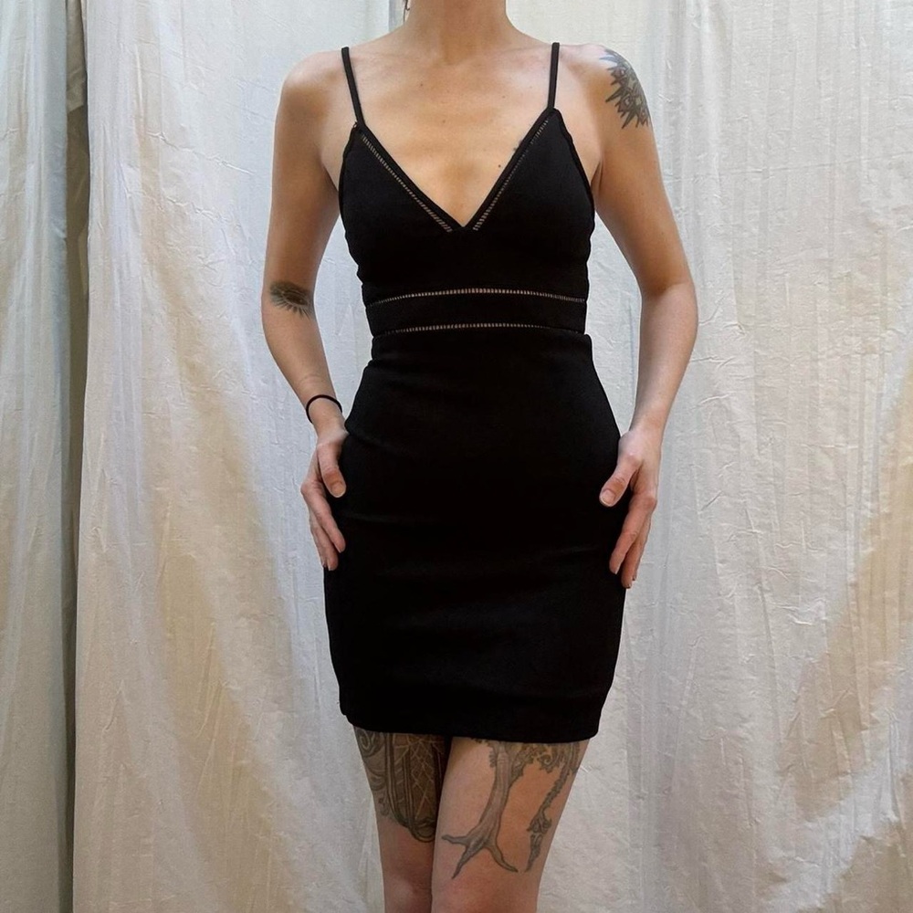 Black V-Neck Mini Dress with Chest and Neckline Cut Out Detailing LBD - Picture 4 of 8